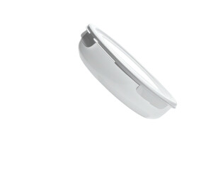 Angled, white, oval-shaped object with a slight opening against black