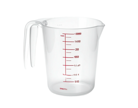 A transparent plastic measuring jug with a handle and red volume markings