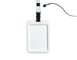 White rectangular device with lanyard and a small black cord against black background