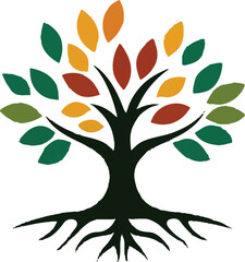 vector logo of a tree with roots, simple shapes and lines, green leaves in various colors, white background, no shadows, symmetrical composition