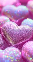Obraz premium Sparkling pink heart candies fill the frame, romantic