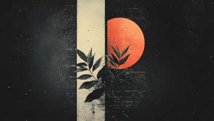 Botanical silhouette against split tones and red sun