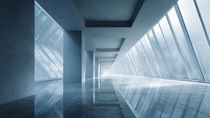 Obraz premium Futuristic Modern Corridor with Glass Walls and Reflective Floor