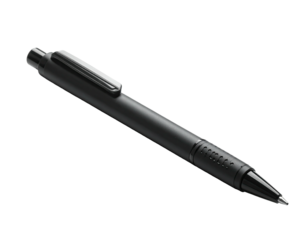 Sleek, black ballpoint pen angled against a solid black background