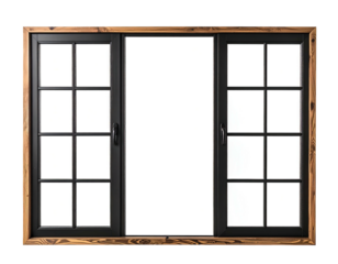 Wood-framed window with black panes, grids, & handles against a white background