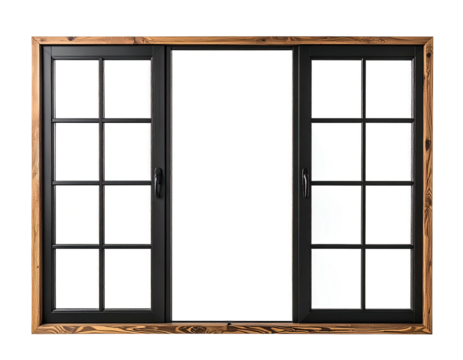 Wood-framed window with black panes, grids, & handles against a white background