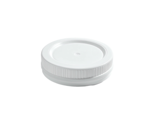 A close-up of a white plastic bottle cap with ridged sides, isolated