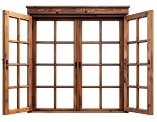 Weathered wooden double window open on a dark background