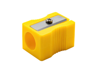 Bright yellow plastic pencil sharpener, blades visible, isolated on black