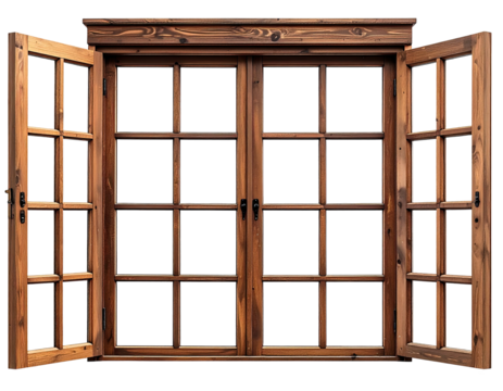 Weathered wooden double window open on a dark background