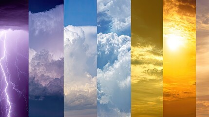 A collection of diverse sky conditions, from stormy weather to sunny days.