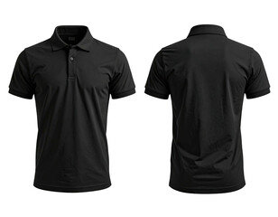 Front and back view of a sleek, black polo shirt on a dark background