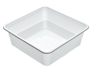 Isometric view of an empty, clear, square plastic storage bin
