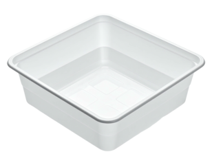 Isometric view of an empty, clear, square plastic storage bin