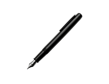 Sleek, black fountain pen with silver nib against a stark black background