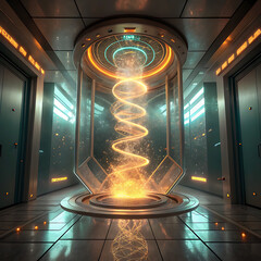 Futuristic teleportation gateway with glowing energy beam in high tech sci fi room illustration