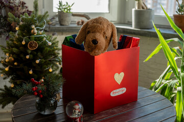 Christmas donation box with toys for children. Charity concept.