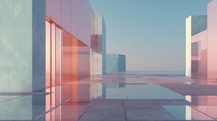 Fototapeta premium Futuristic Architectural Space with Reflective Surfaces and Ethereal Light