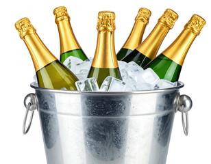 A silver bucket filled with ice and champagne bottles