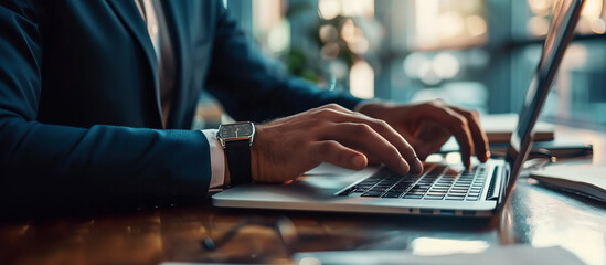 Focused Work: A close-up shot of a person's hands, elegantly typing on a laptop keyboard while wearing a stylish watch, set against a blurred backdrop of an office environment.