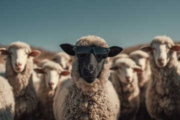 Obraz premium Black sheep with sunglasses among flock of white sheep