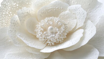 Delicate, textured white flower with intricate center detail