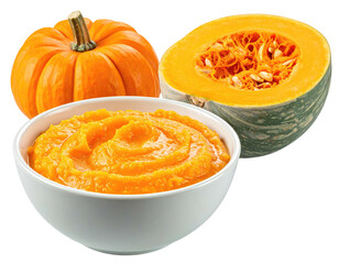 A whole pumpkin, a half-cut pumpkin, and a bowl of pumpkin puree on black