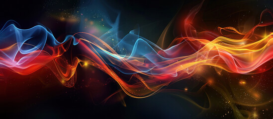 Obraz premium Colorful Abstract Smoke Wave: A captivating, artistic rendering of colorful smoke gracefully dances against a dark backdrop, creating a sense of dynamic flow and ethereal beauty.