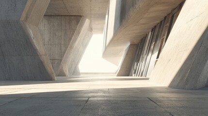 Bright contemporary architectural space with angular concrete structures and strong sunlight.