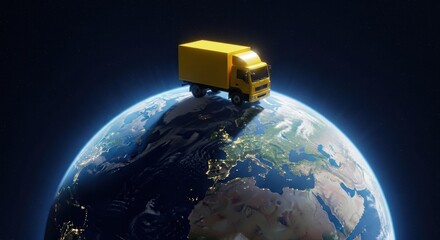 A yellow truck sitting on top of the earth with city lights visible in the dark background of space