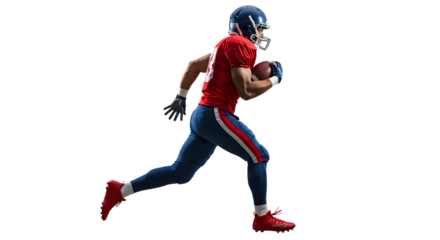 American football player running with ball in full uniform isolated on black background, perfect for sports and athletic themes