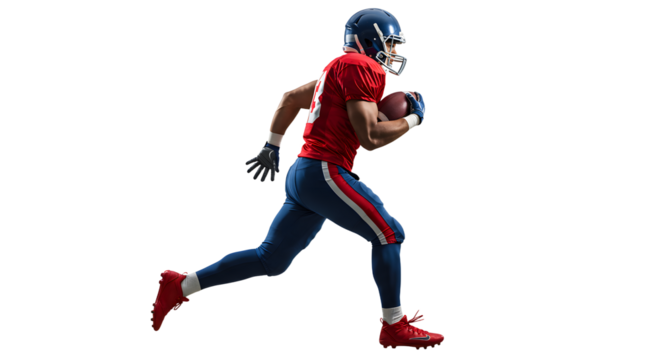 American football player running with ball in full uniform isolated on black background, perfect for sports and athletic themes