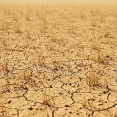 Fototapeta premium Dry cracked earth with sparse grass in a desolate landscape showing drought effects