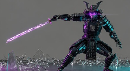 Futuristic Robotic Samurai Warrior with a Glowing Katana