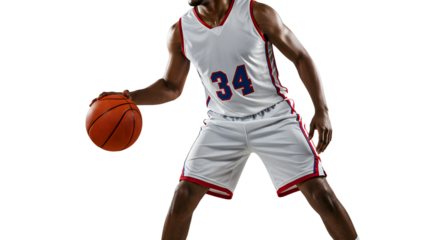 Basketball player dribbling on court wearing white jersey with number 34, action sports image perfect for athletic and basketball-related content