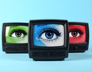 Three vintage-style TVs, each with a stylized eye on the screen, against a teal background