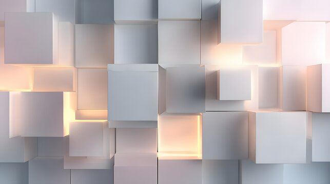 Abstract composition presents a collection of illuminated three-dimensional white cubes in various sizes, creating depth and interest against a softly lit backdrop.