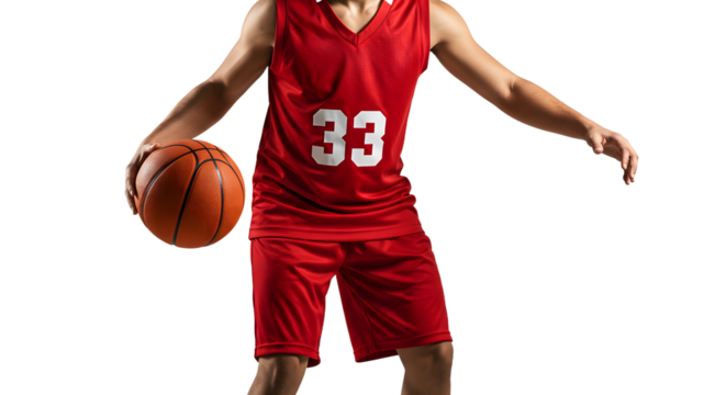 Basketball player in red jersey dribbling ball isolated on black background, perfect for sports and athletic themes