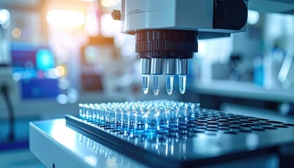 Close Up of Robotic Arm Handling Test Tubes in a Laboratory Setting with Blue Tones
