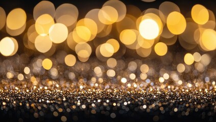 Golden bokeh lights shimmer above a glittering dark surface