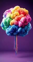 Colorful cloud-like form, strands falling on purple backdrop