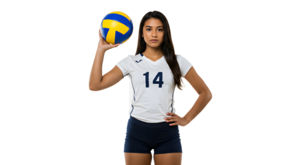 Female volleyball player holding ball ready to serve isolated on white background, perfect for sports and fitness content