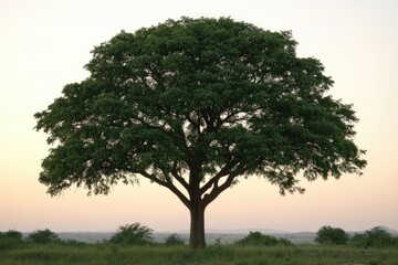 Fototapeta premium Solitary, leafy tree stands against a hazy, serene sky
