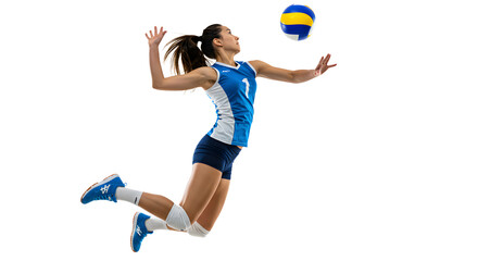 Female volleyball player jumping to hit the ball, wearing blue and white uniform with knee pads, isolated on white background, perfect for sports and athletic visuals