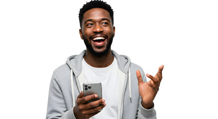 Happy young African American man looking excited while holding smartphone isolated on black background, perfect for technology and communication concepts