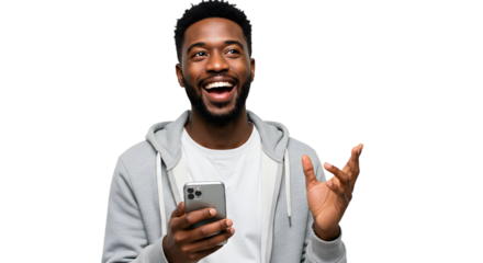 Happy young African American man looking excited while holding smartphone isolated on black background, perfect for technology and communication concepts