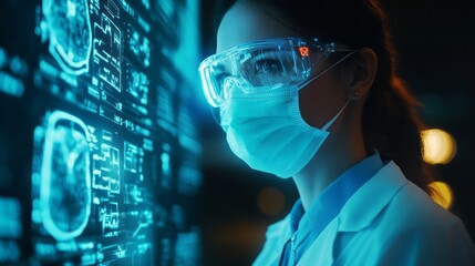 In a lab, a female scientist in protective gear analyzes data, enhancing biotechnological research and healthcare innovations by merging scientific inquiry with advancements in technology and medicine