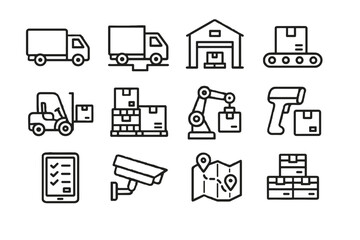 Obraz premium Distribution loading logistics arm vector route inventory icon icons map building forklift
