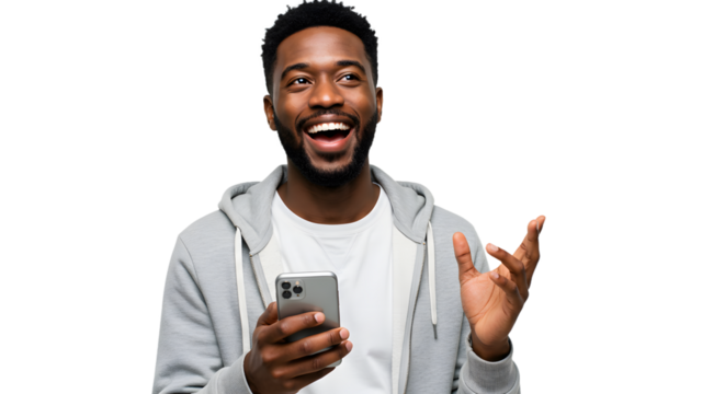 Happy young African American man looking excited while holding smartphone isolated on black background, perfect for technology and communication concepts - Powered by Adobe