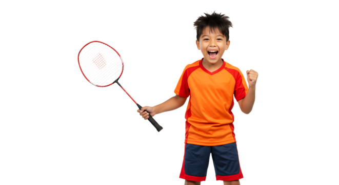 Happy young boy playing badminton with racket, active child enjoying sport and exercise, perfect for fitness and outdoor activity themes